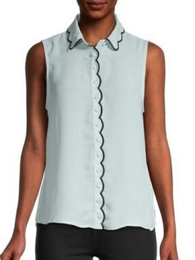 Laundry By Shelli Segal Light Blue Sleeveless Scallop-Trim Button Down